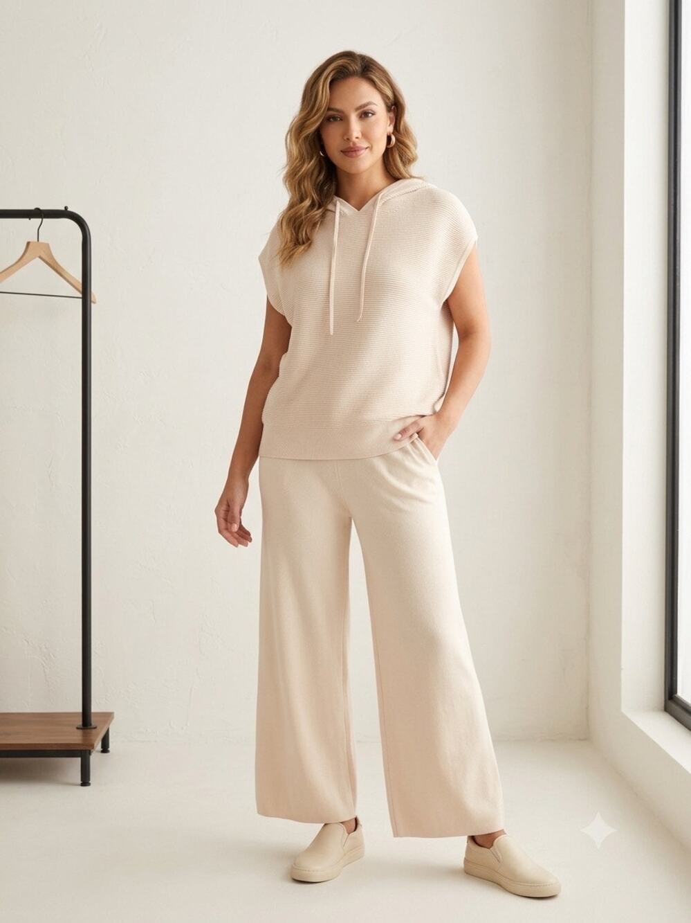 New three dots sleeveless hoodie & wide leg pants set size M beige